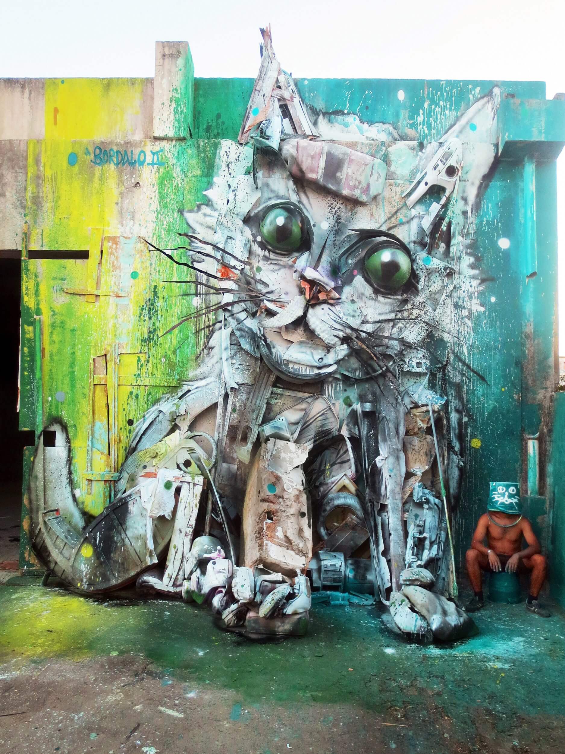 Bordalo II Trash Kitten sculpture addressing pet abandonment in Lisbon