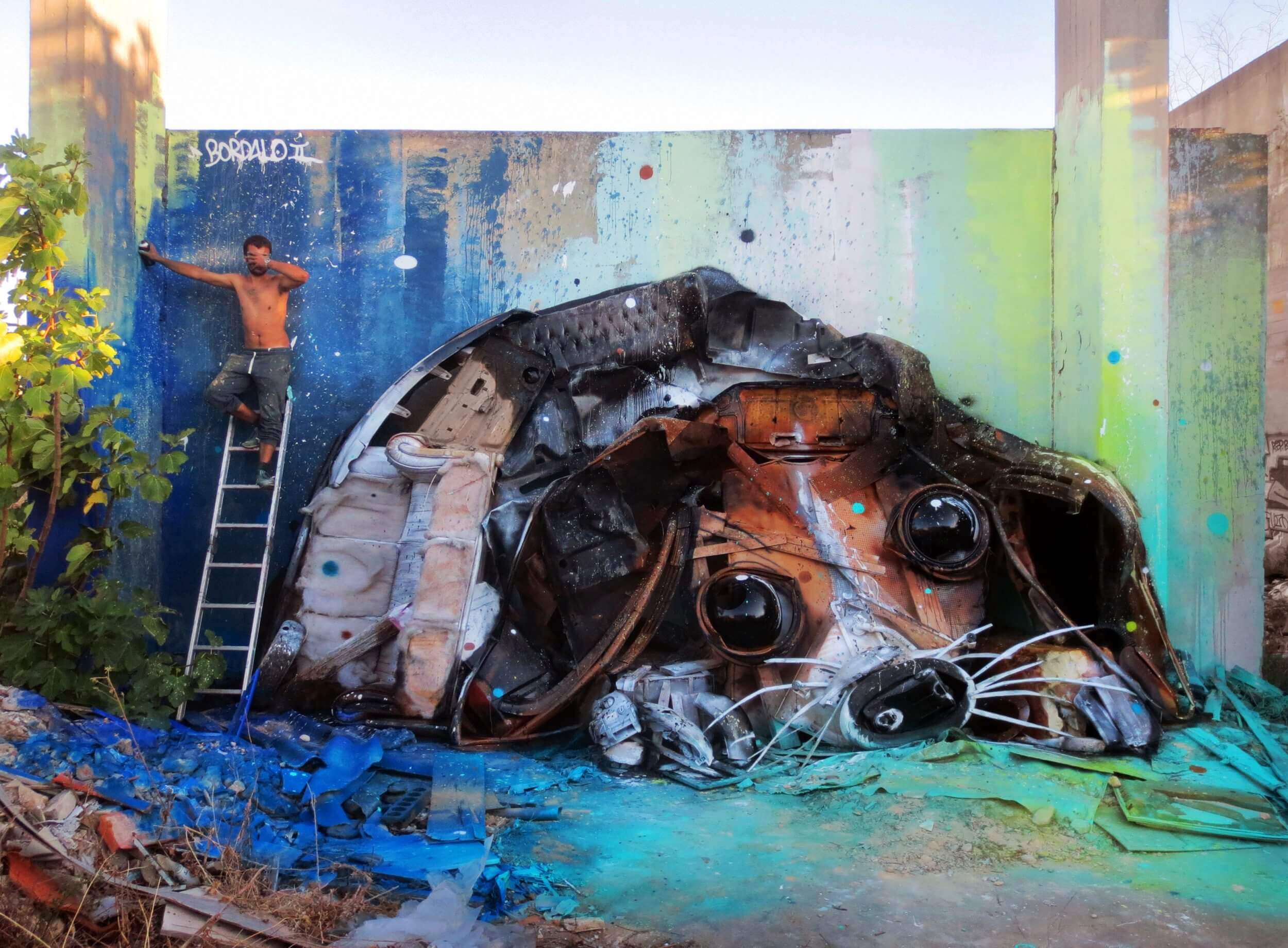 Bordalo II pet abandonment art Trash Puppy made from discarded waste