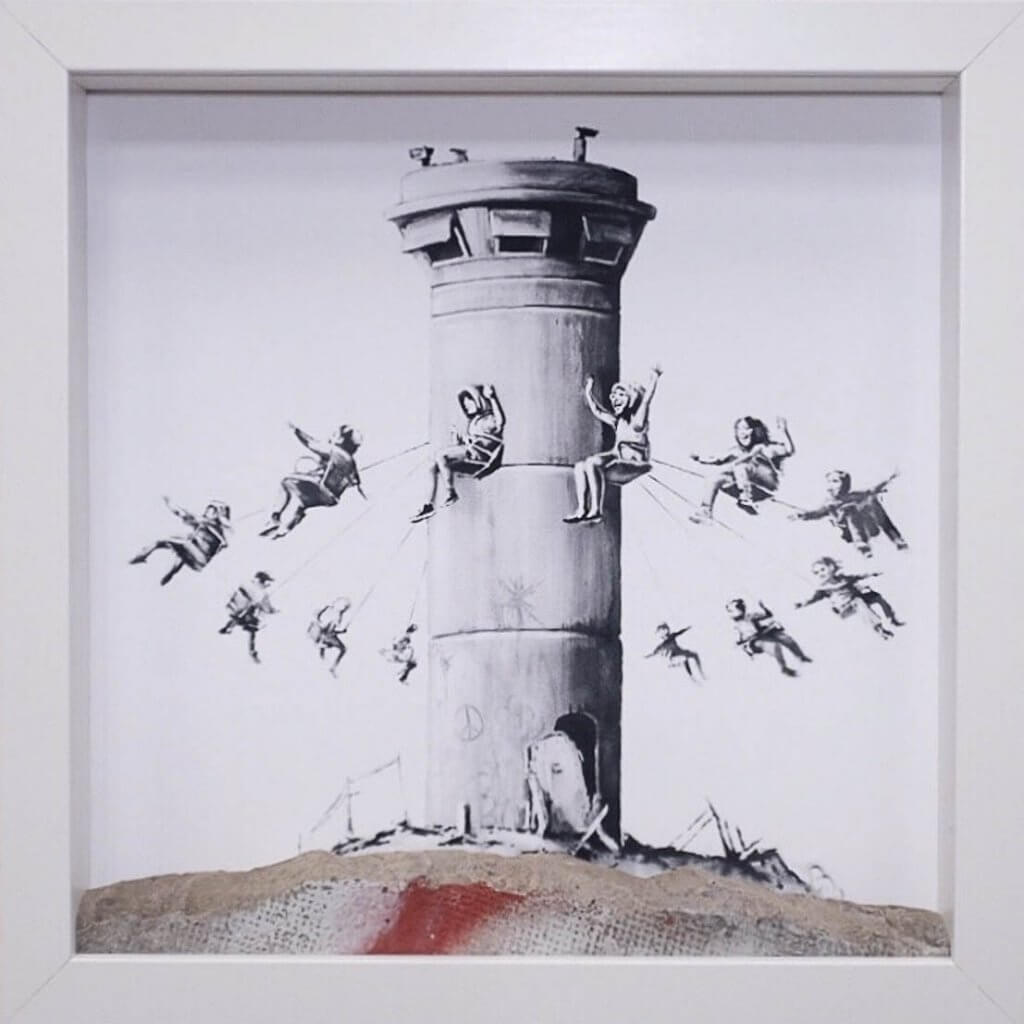 Banksy Walled Off Hotel Box Set 2017 with printed watchtower image and sprayed concrete