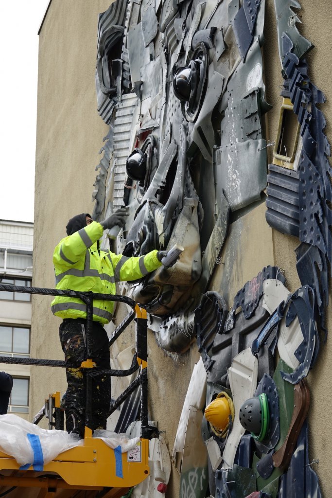 Bordalo II mother polar bear and cubs made from discarded materials
