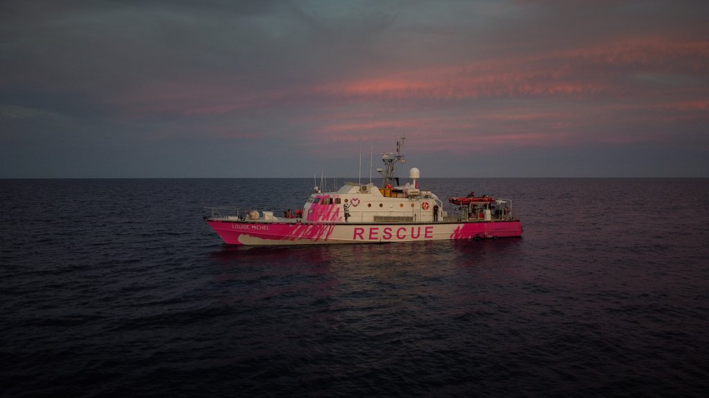 Banksy's rescue boat 'MV Louise Michel' saving lives of refugees in the Mediterranean. Photo courtesy of Louise Michel 2020