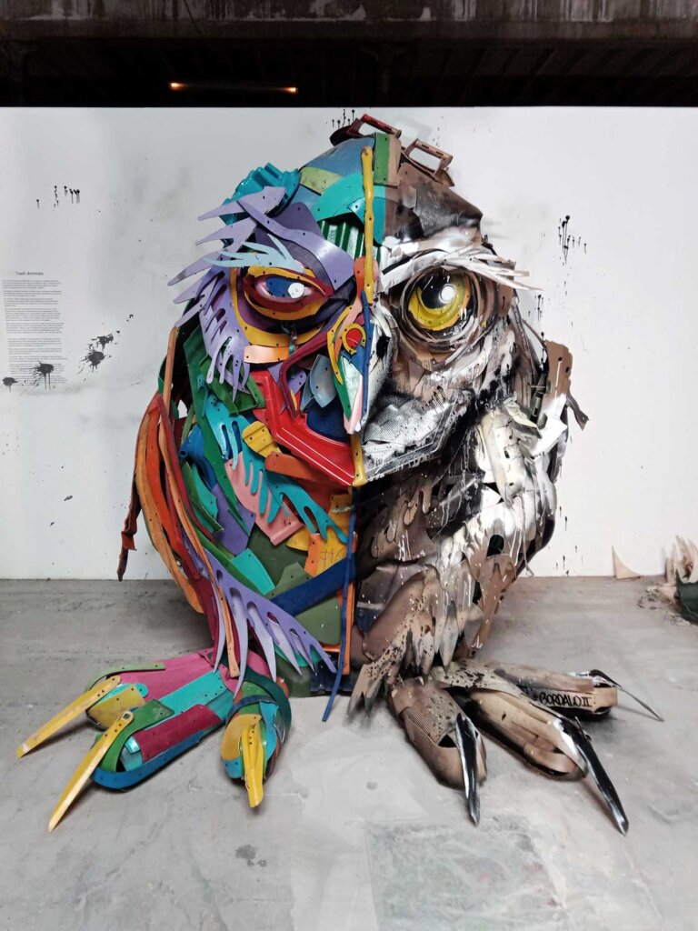 Bordalo II Half-Half animal sculpture showing exposed waste