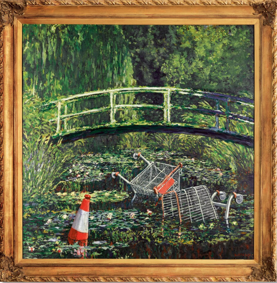 Banksy auction results artwork Show Me The Monet featuring shopping trolleys in Monet water lilies scene.