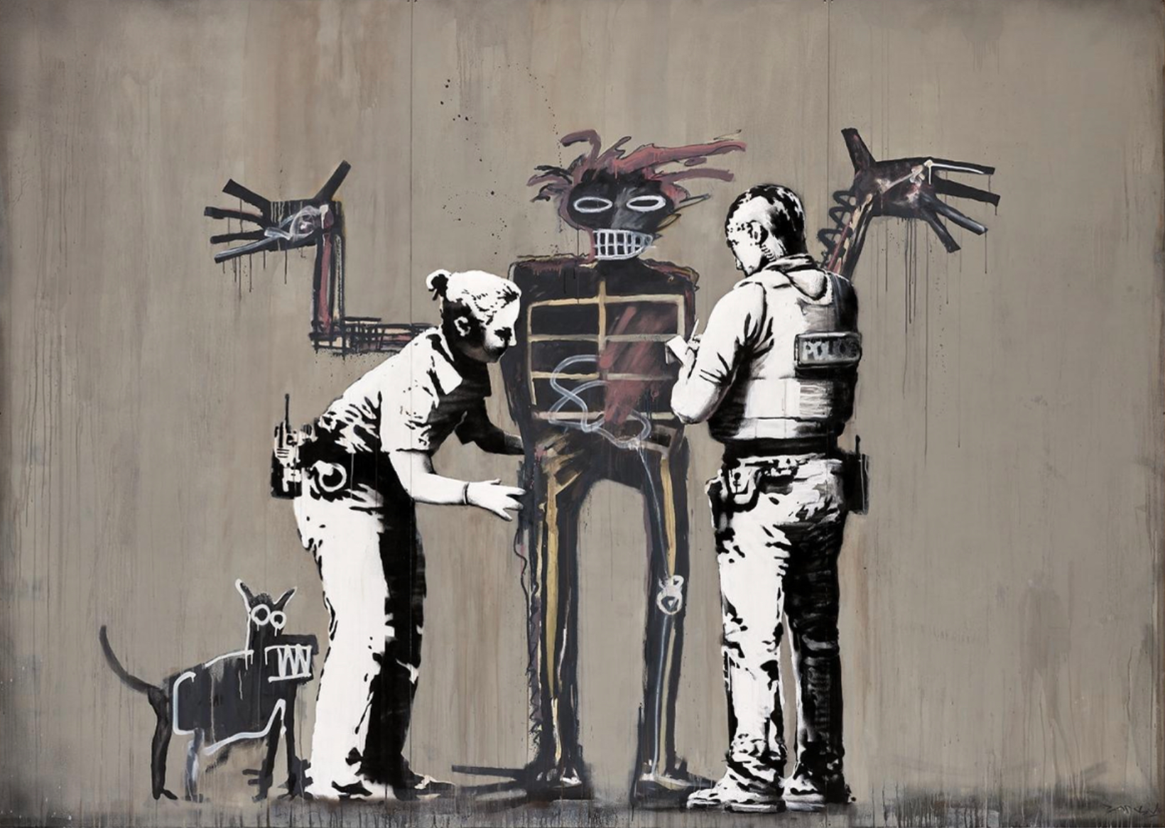 Banksy auction results painting Banksquiat Boy and Dog in Stop and Search sold at Phillips New York.