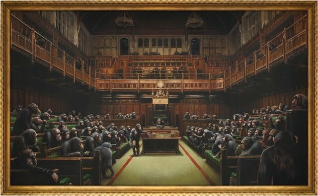 Banksy auction results painting Devolved Parliament featuring chimpanzees in the House of Commons.