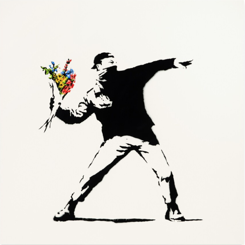 Banksy auction results artwork Love Is in the Air also known as Flower Thrower.