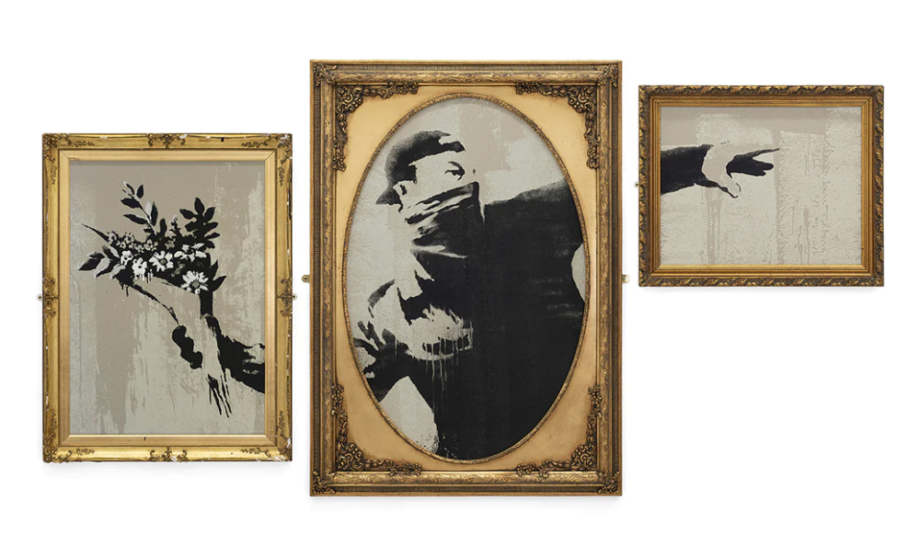 Banksy GDP Flower Thrower Grey signed triptych, available via graffitistreet