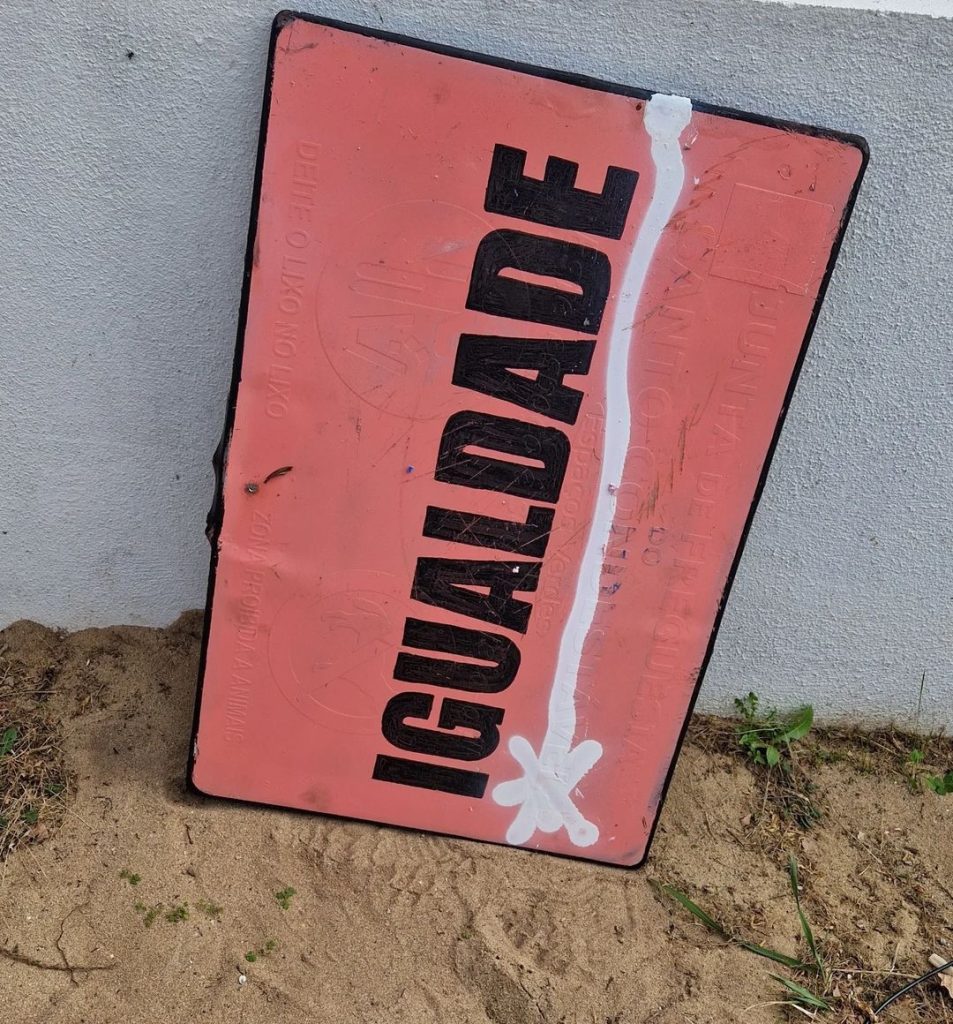 Bordalo II pink Big Trash Flamingo with igualdade message