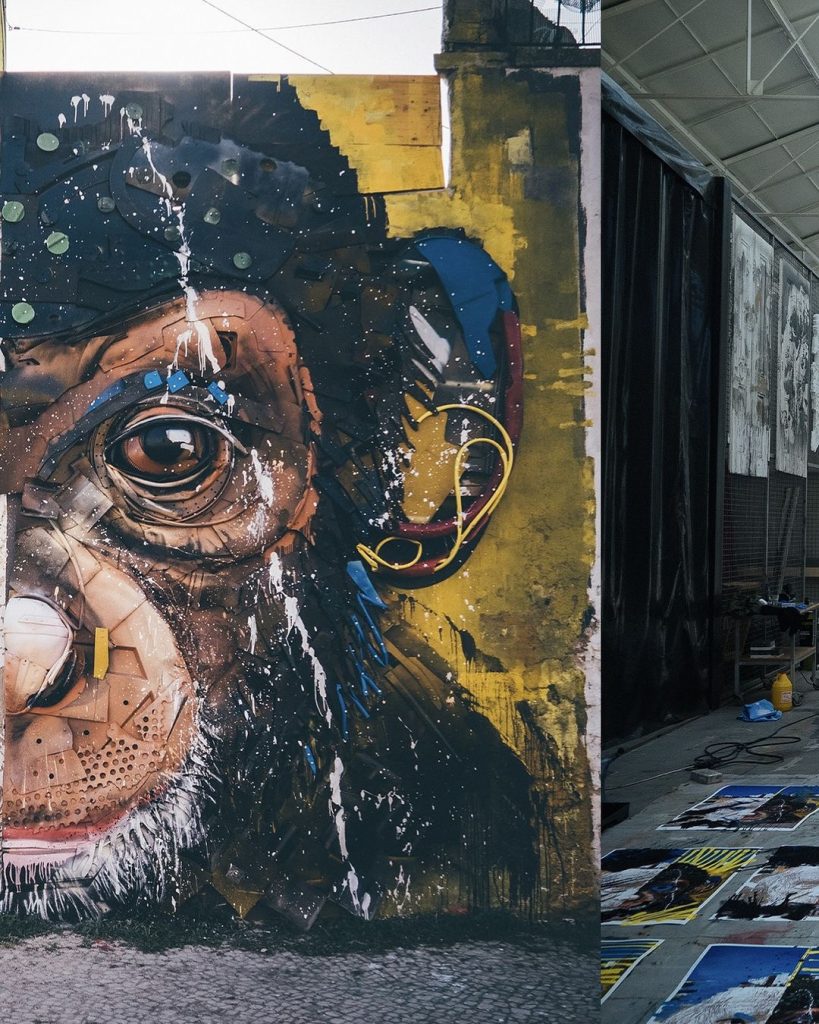 Bordalo II chimpanzee made from discarded materials in Lisbon mural