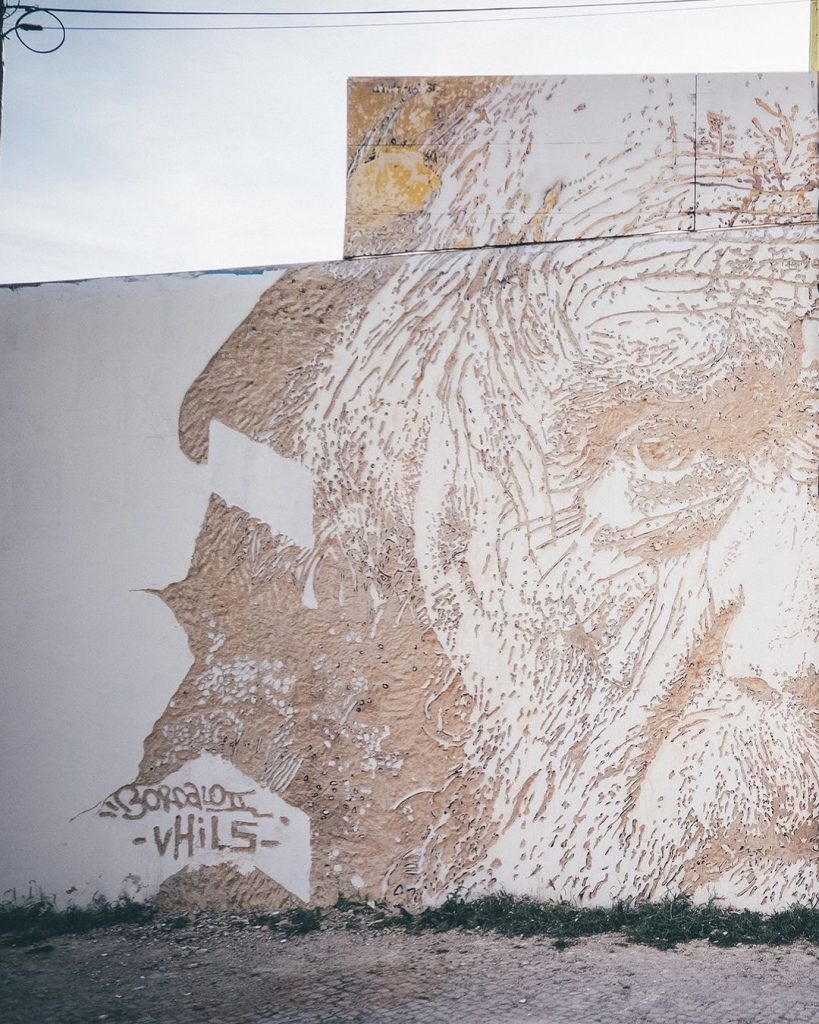 Charles Darwin portrait by Vhils beside Bordalo II chimpanzee sculpture