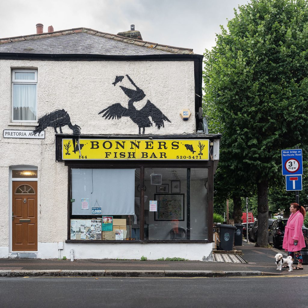 Banksy pelican mural at Bonners Fish Bar in Walthamstow