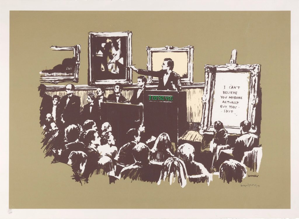 Banksy Morons Sepia print related to the most expensive Banksy print at auction