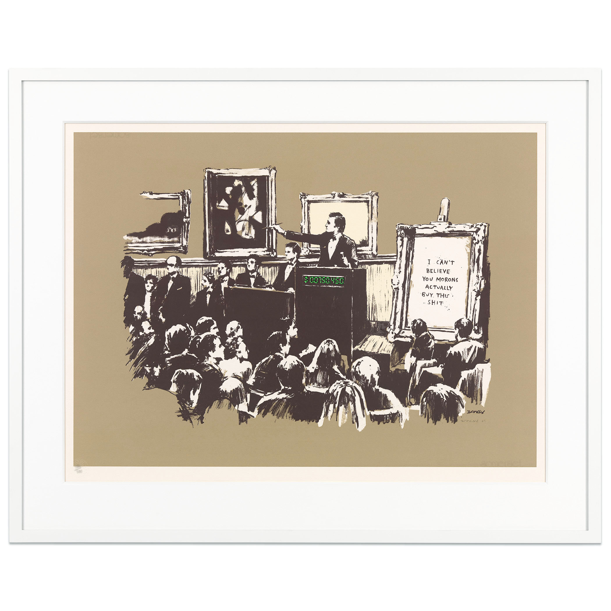Artist’s Resale Right example with Banksy Morons Sepia signed print with Pest Control COA for sale
