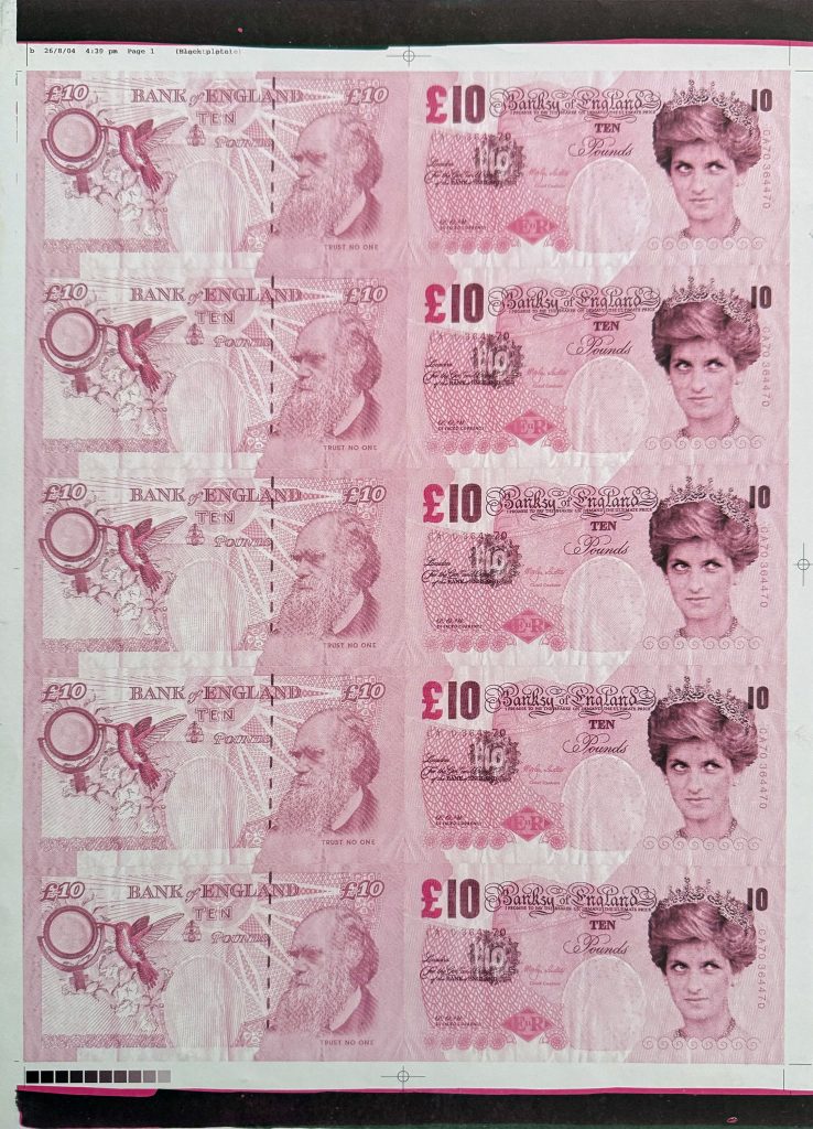 Banksy Di-Faced Tenner (pink) uncut sheet featuring Princess Diana