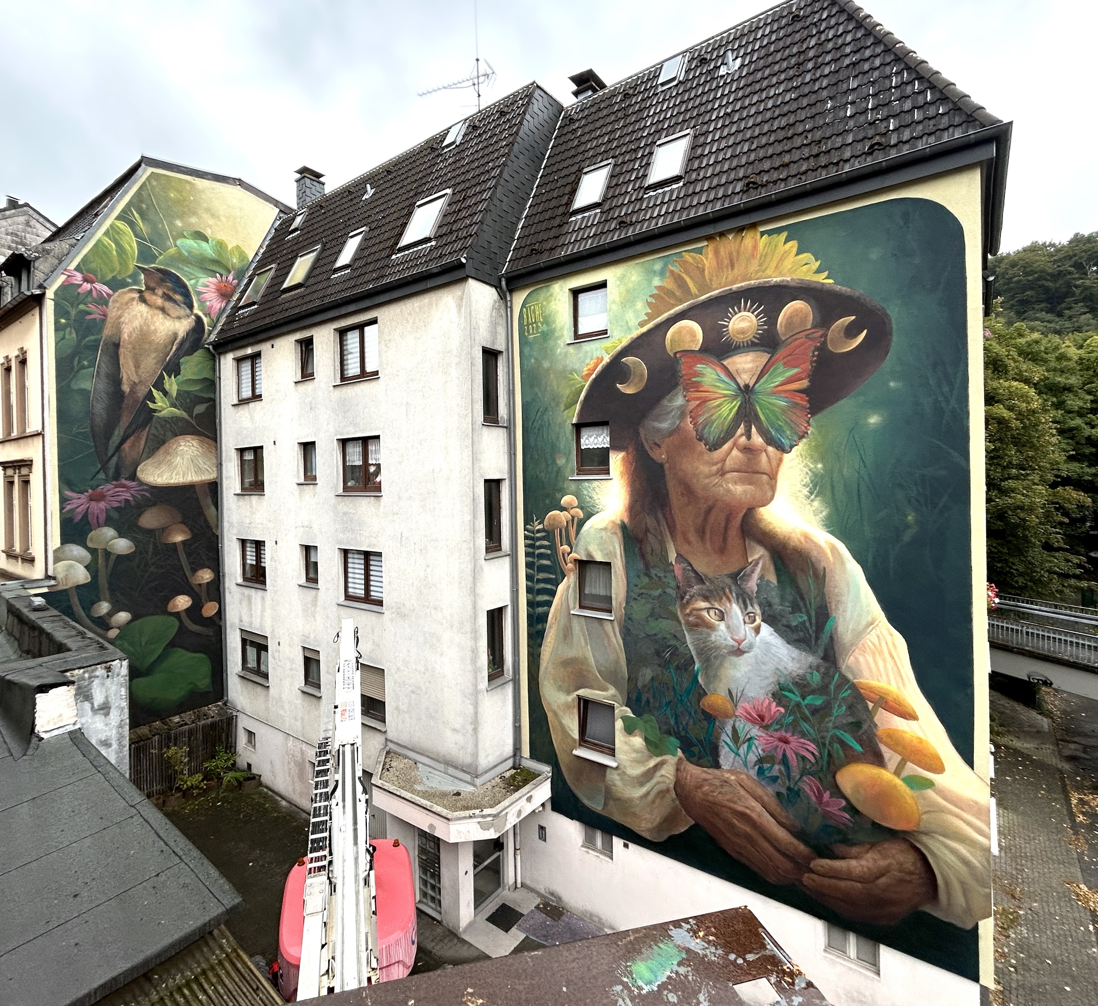 Bache street art mural in Wuppertal showing stars nature and mycelium motifs