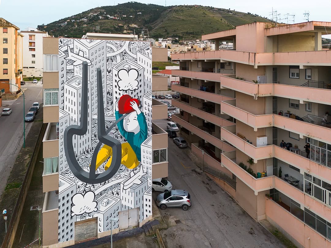 Millo mural in Alcamo depicting Lo Scacciapensieri and the Marranzano
