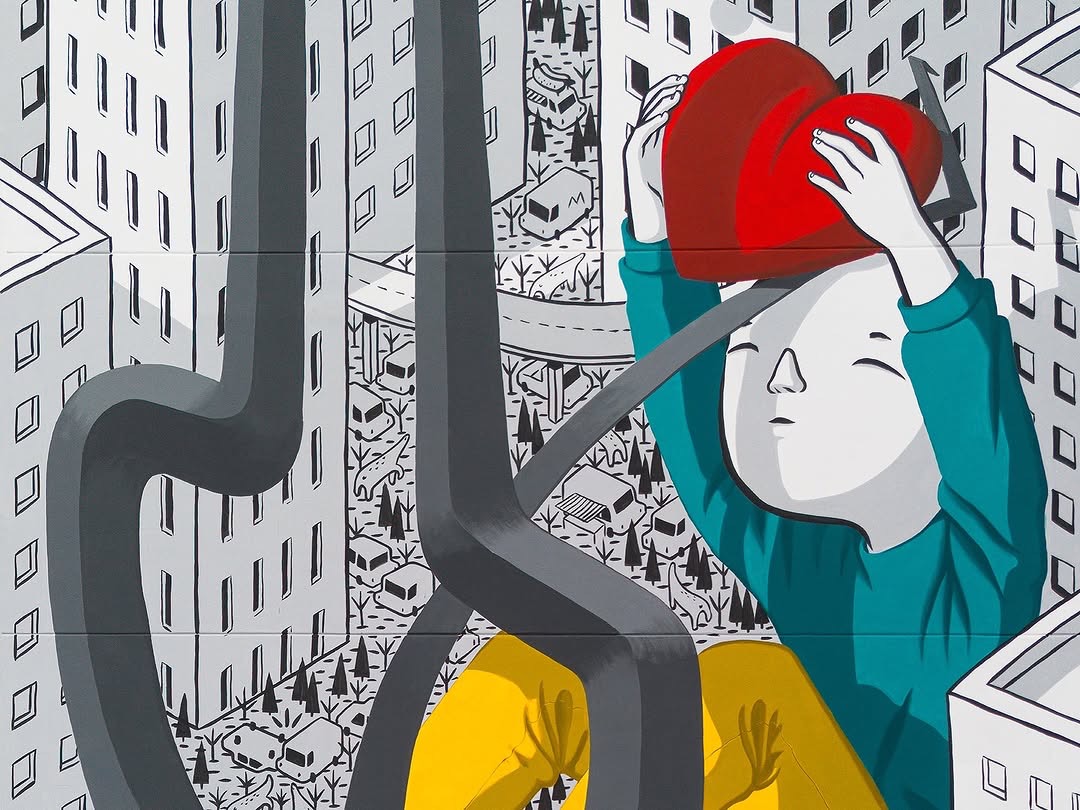 Detail of the Millo mural in Alcamo showing heart and urban architecture