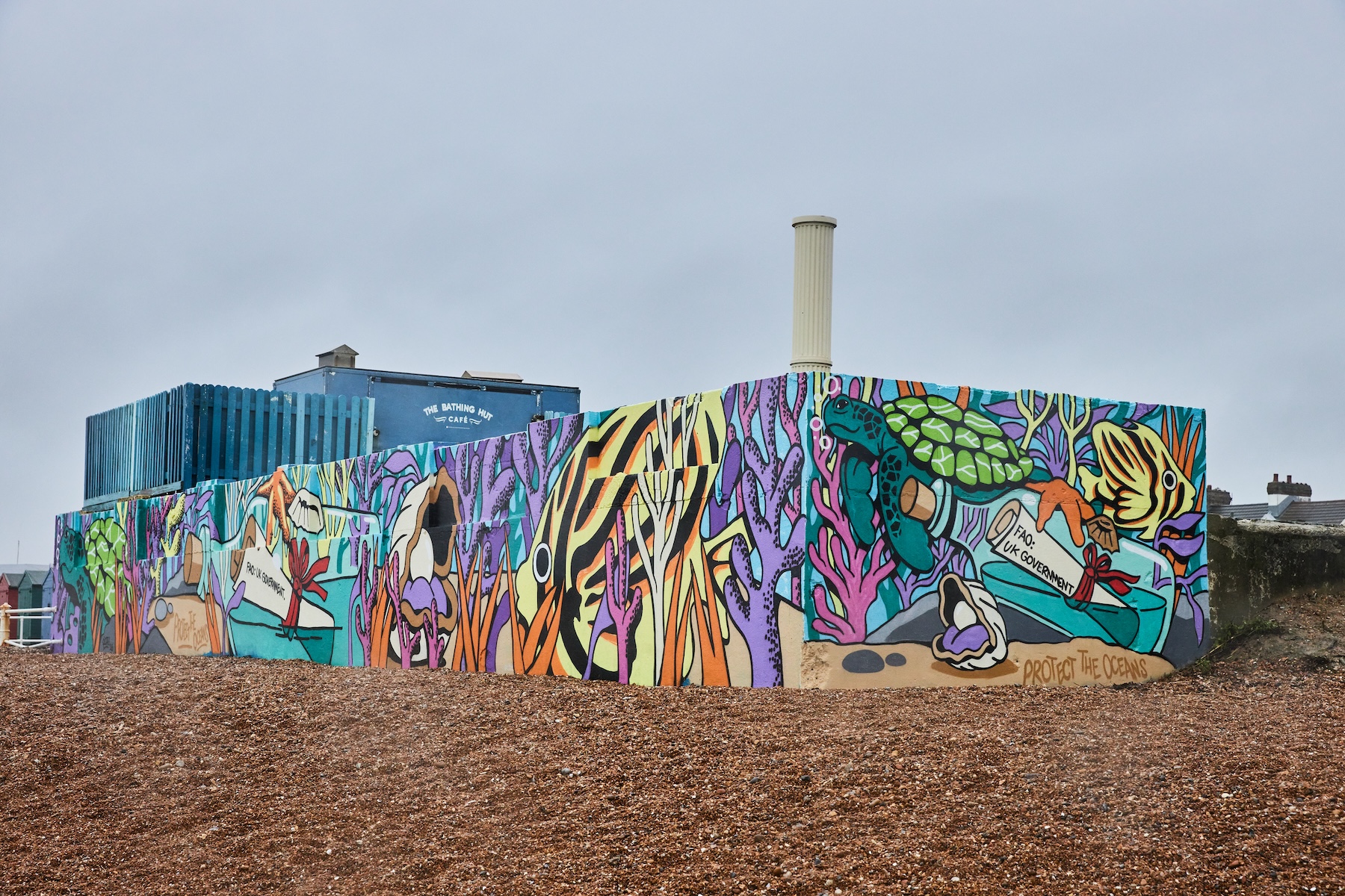 Turtle and marine life detail from Richt’s ocean protection mural created for the High Seas Treaty campaign.