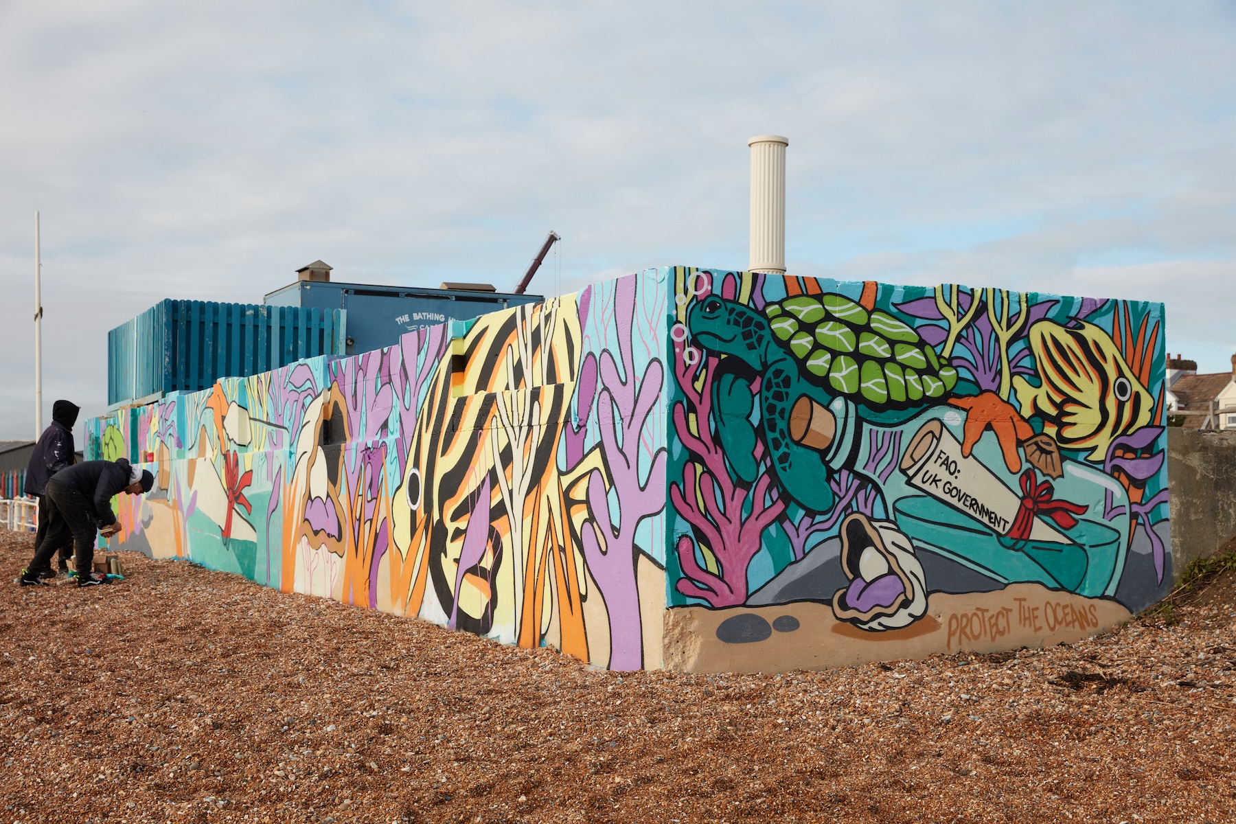 Turtle and marine life detail from Richt’s painting his ocean protection mural created for the High Seas Treaty.