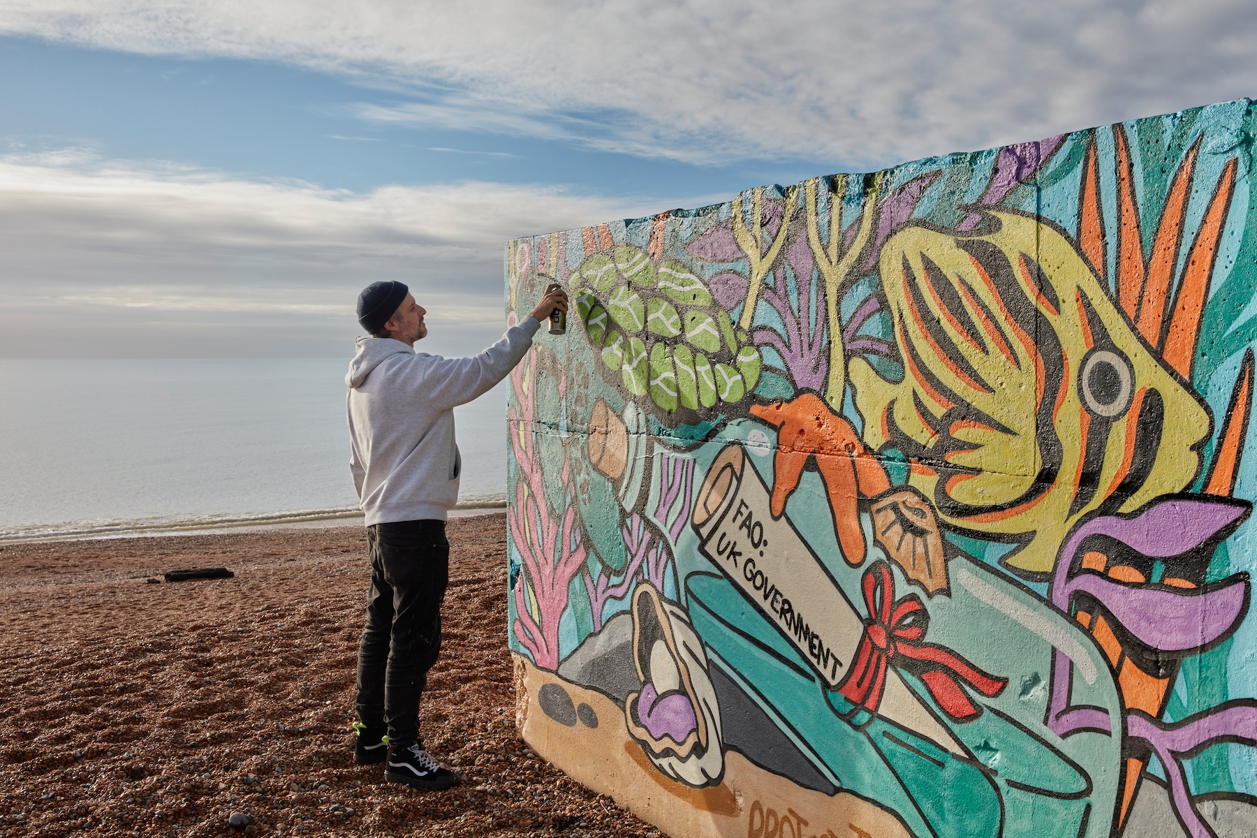Richt’s High Seas Treaty mural work in progress, calling on the UK government to sign the treaty into law.