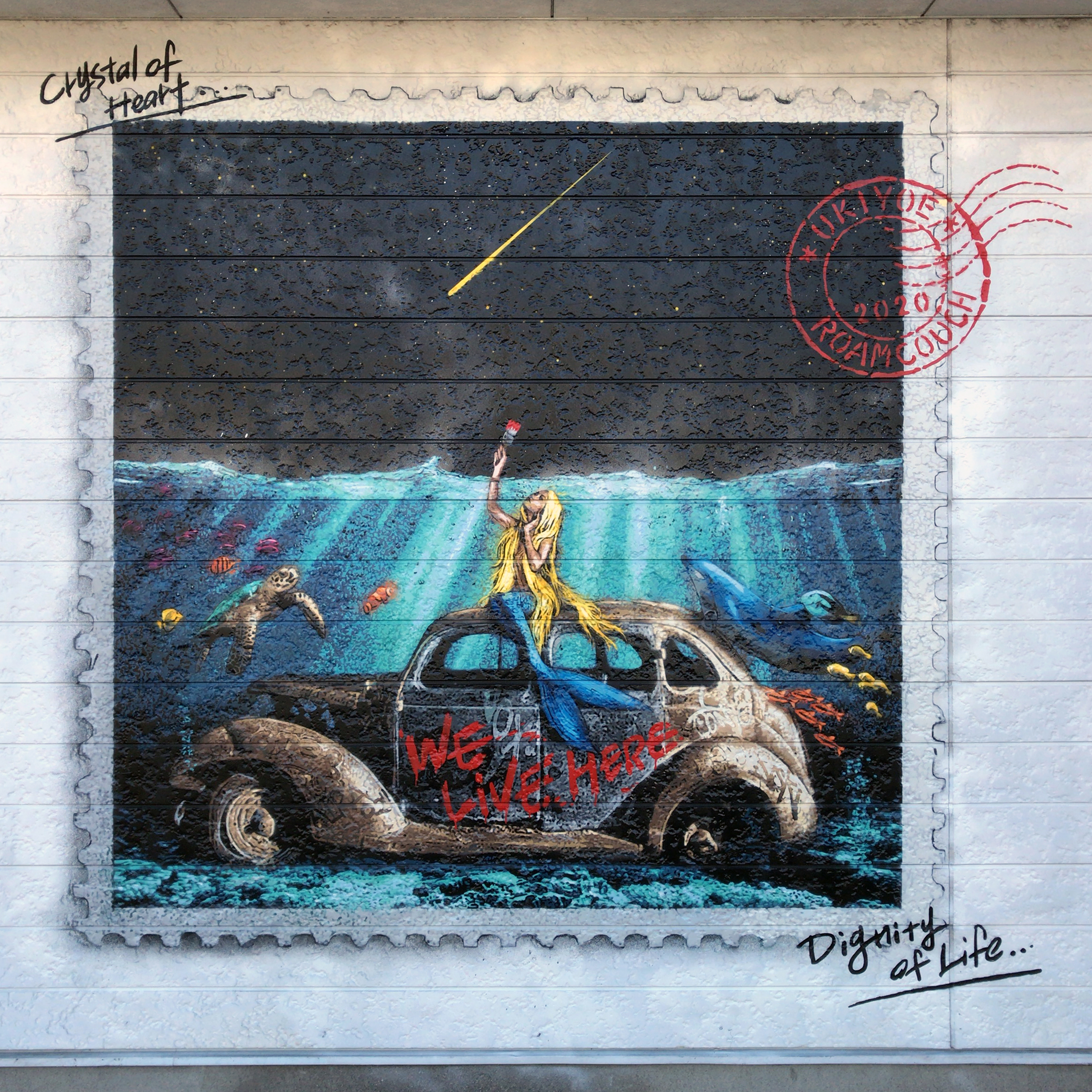 Mermaid postcard mural by Japanese street artist RoamCouch in Japan