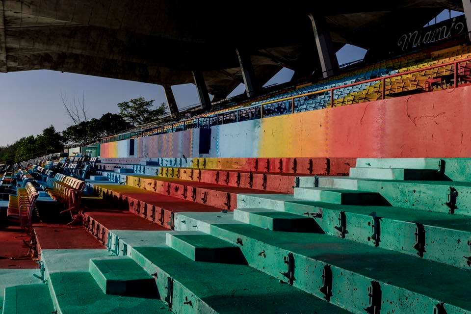 Color gradient seating in HOXXOH Miami Marine Stadium installation