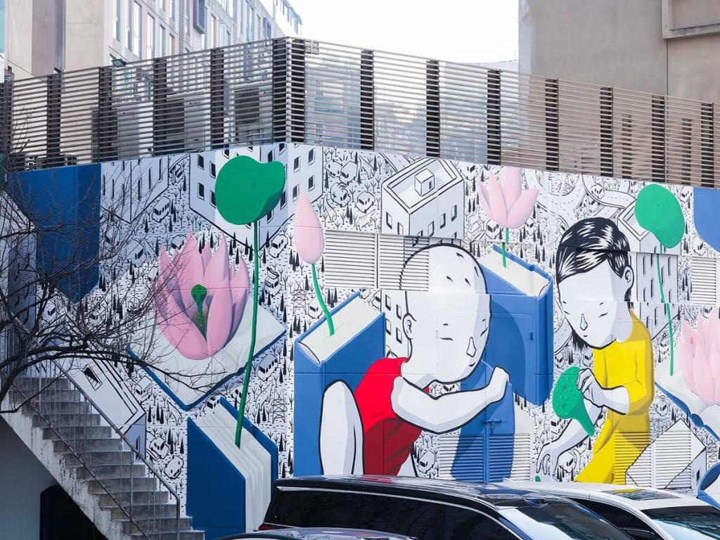Lotus flowers in Millo The Book of Life mural Shanghai Yangpu district