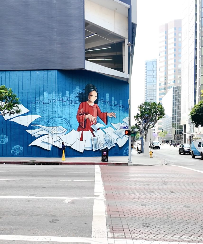 Shamsia Hassani piano mural The Melody downtown Los Angeles