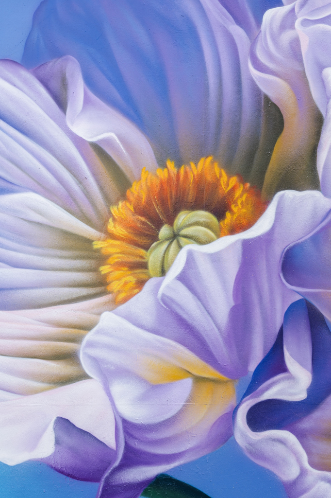 Sophie Mess mural Reims close-up of vibrant floral petals in Champagne