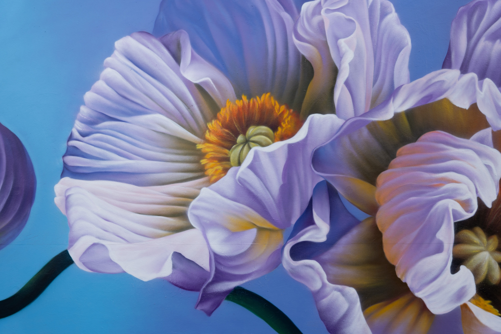 Sophie Mess mural Reims detail of blue and violet botanical forms