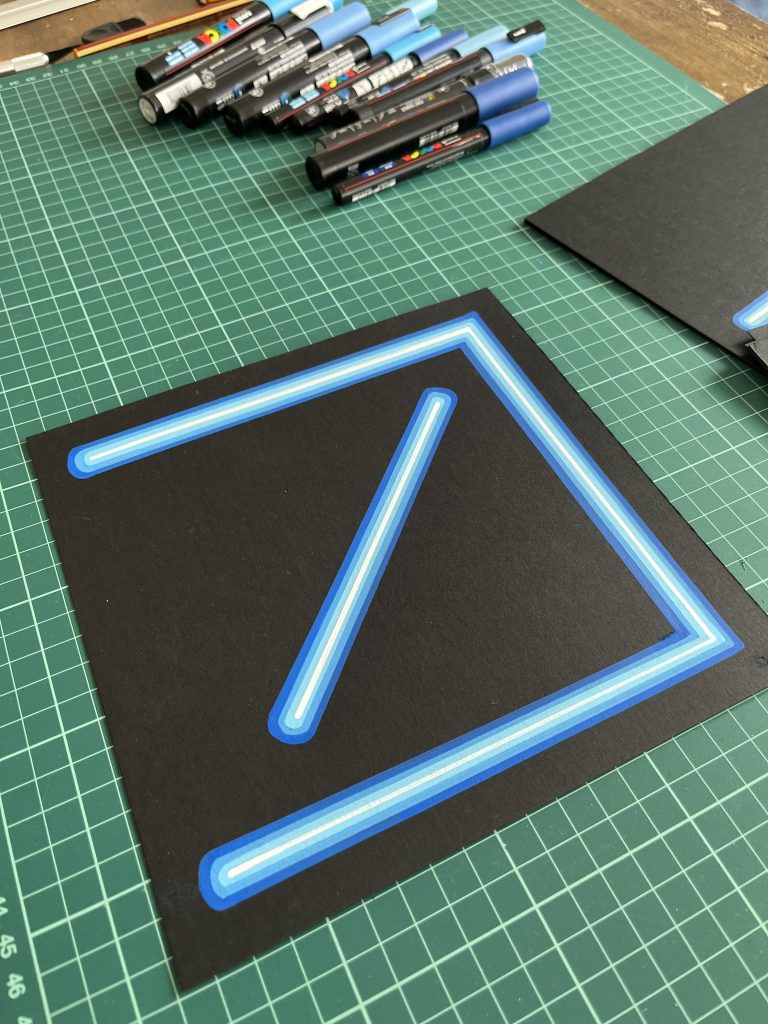 Blue Signal /26 Spidertag geometric neon drawing on black paper