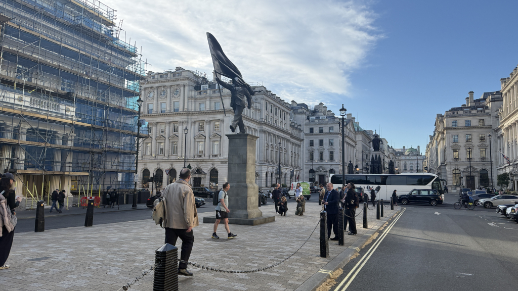 Banksy location in London at Waterloo Place showing the flag-blinded statue