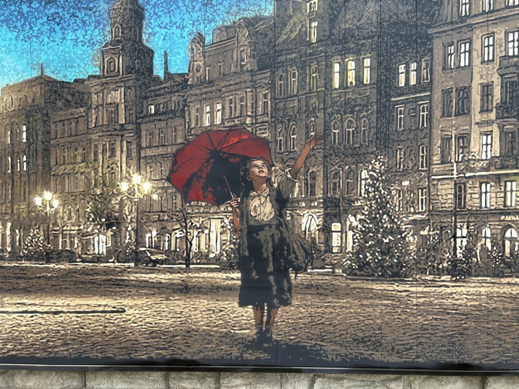 Detail of Roamcouch Memories mural Japan red umbrella figures