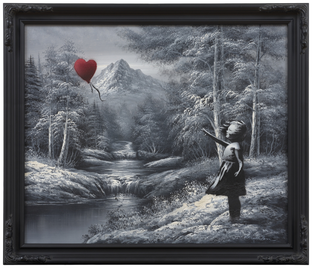 Banksy Girl and Balloon on Found Landscape on public view at Tiffany & Co. Landmark New York.