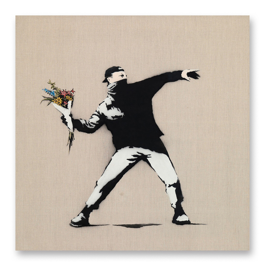 Banksy auction results artwork Love Is in the Air flower thrower painting by Banksy.