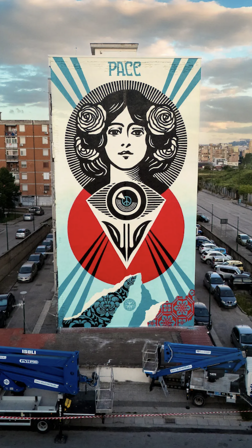 Detail of Shepard Fairey Third Eye Open Peace mural third eye symbol