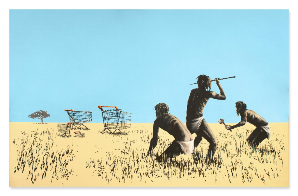 Banksy auction results painting Trolley Hunters featuring prehistoric hunters and shopping carts.