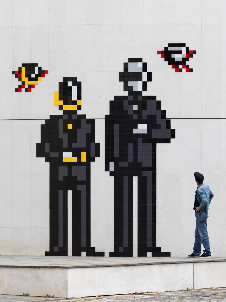 Invader Philharmonie de Paris mosaic tribute to Daft Punk featuring Thomas Bangalter and Guy-Manuel de Homem-Christo.