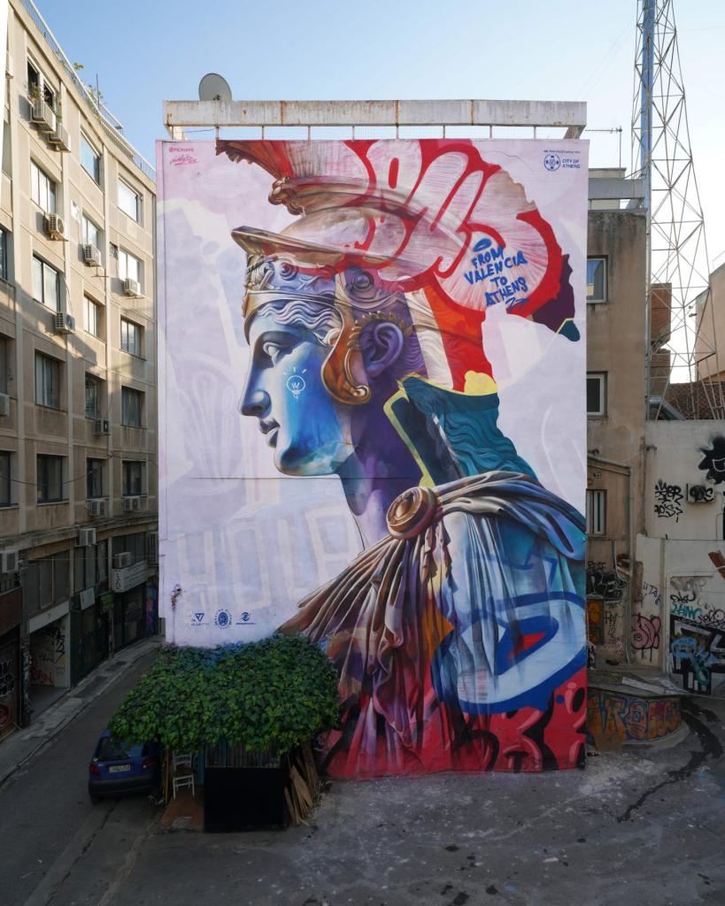 From Valencia to Athens, mythology returns to the street. Mural by PichiAvo
