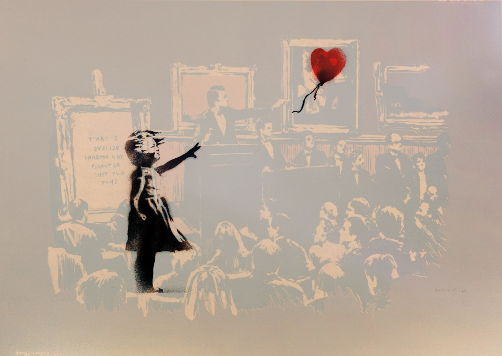 Most expensive Banksy print Girl with Balloon & Morons Sepia sold at Phillips London
