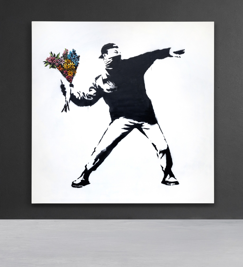 Banksy Love Is In The Air life-size canvas at Sotheby’s London auction