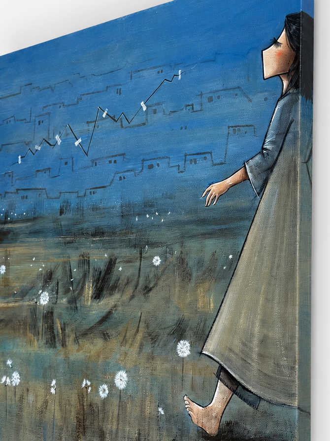 Shamsia Hassani Nowadays #05 canvas showing a barefoot female figure, dandelions, a mended jagged line, a remembered city and the painting continuing around the canvas edge