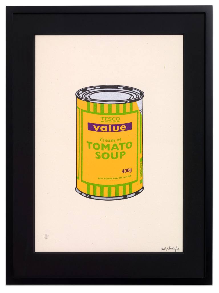 Banksy Soup Cans Banana Lime Purple screen print Pest Control authenticated GraffitiStreet
