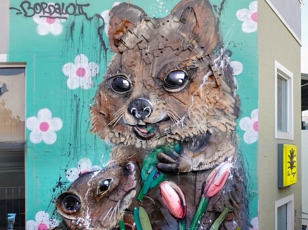 Bordalo II recycled art depicting Australian quokkas