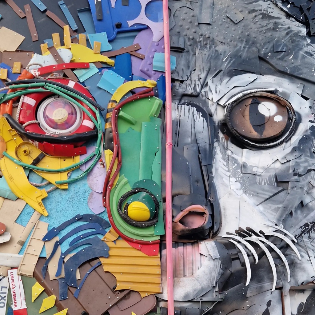 Close view of the colourful and realism sides of Bordalo II’s Half-Half Koala in Lisbon