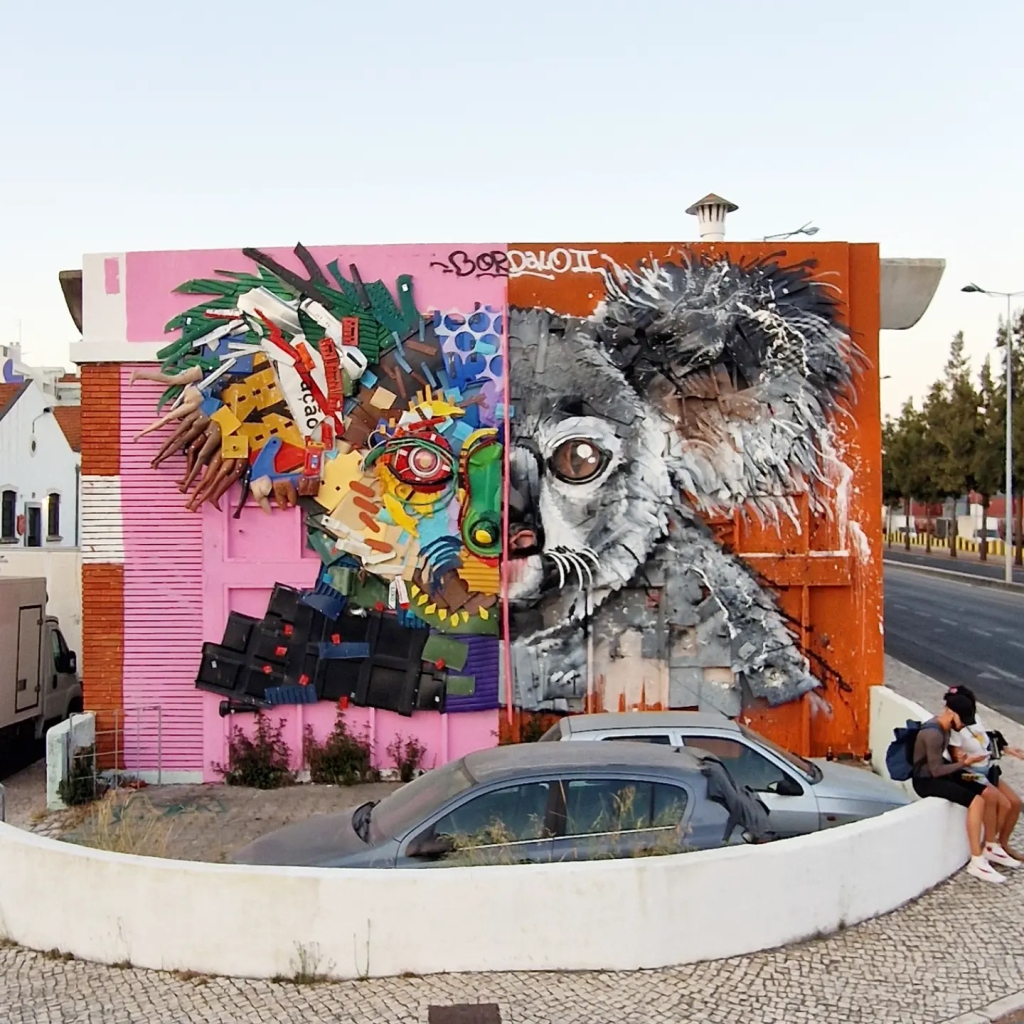 Bordalo II Half-Half Koala made from discarded materials in Xabregas, Lisbon