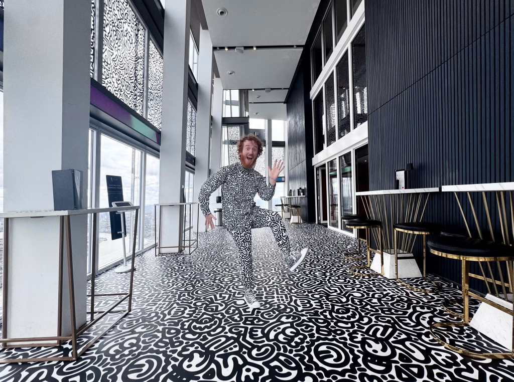 Mr Doodle transforms Level 69 of The View from The Shard with his signature hand-drawn characters. Mr Doodle / Photography: Morgan Davies