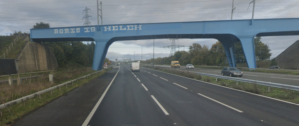 BORIS IS HELCH graffiti painted on a railway bridge over the M4 in 2019