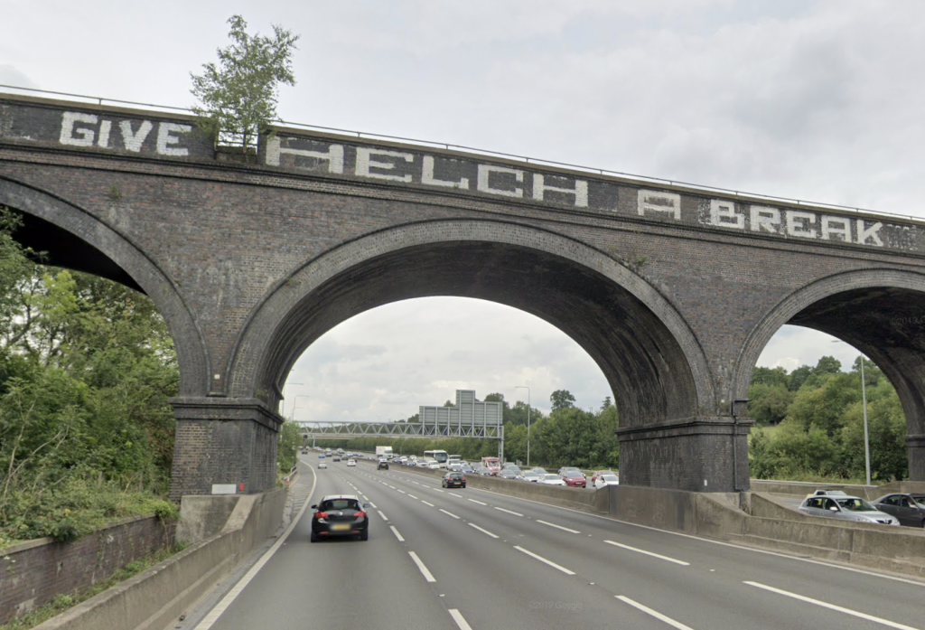 Give HELCH a Break graffiti on the Chalfont Viaduct over the M25